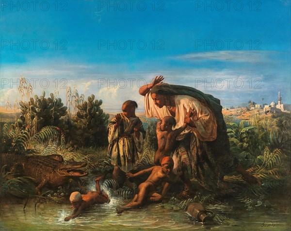 Scene on the Nile: a Family is Attacked by a Crocodile. Creator: Biard, François-August (1798-1882).