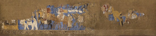 Afrasiab murals, South wall: Funeral procession led by King Varkhuman, Between 648 and 651. Creator: Sogdian Art.