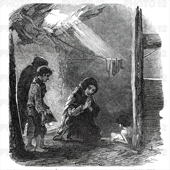 Sketch in a House at Fahey's Quay, Ennis - the Widow Connor and her Dying Child, 1850. Creator: Unknown.