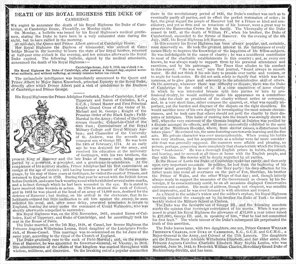 Death of His Royal Highness the Duke of Cambridge, 1850. Creator: Unknown.