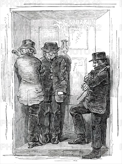 There are three men waiting outside, and I'm afraid to go out, 1850. Creator: Unknown.