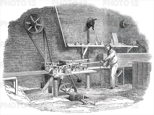 The Sash-Bar Machine, for the Great Exhibition Building, in Hyde Park, 1850. Creator: Unknown.