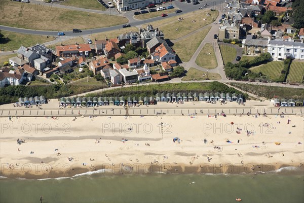 Beach huts on the sea front just below Gun Hill, Southwold, Suffolk, 2016. Creator: Damian Grady.