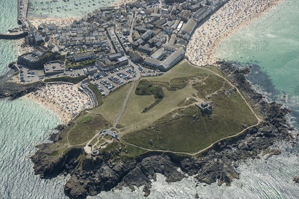 Promontory fort, Chapel of St Nicholas and coastal battery on St Ives Head, St Ives, Cornwall, 2016. Creator: Damian Grady.
