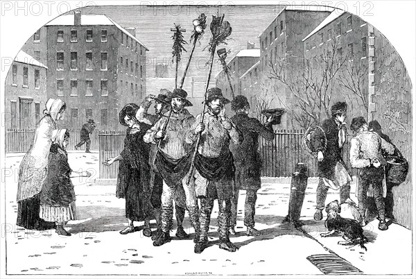Frozen-Out Gardeners and Snow Clearers - drawn by Foster, 1850.  Creator: Edmund Evans.