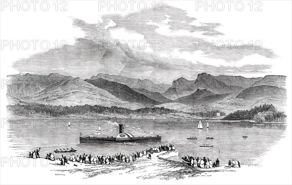 Launch of the "Dragon-Fly" Steamer on Lake Windermere, 1850. Creator: Smyth.