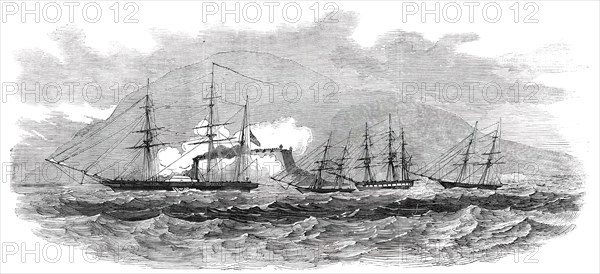 H. M. Steam-Frigate "Cormorant" Passing the Fort of Paranagua, and Engaging, 1850. Creator: Unknown.