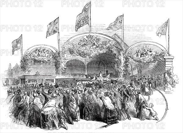 Entrance of the Queen into the Great Central Railway Station, Newcastle-Upon-Tyne, 1850. Creator: Ebenezer Landells.