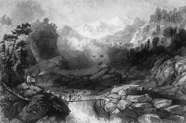 'Crossing by a Sangha, near Jumnootree', 1845. Creator: Unknown.