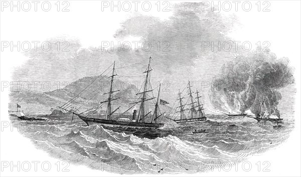 The "Cormorant" at Anchor, Destroying the Slave-Brigs "Serea" and "Donna Anna", 1850. Creator: Unknown.