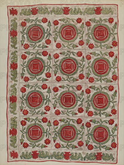 Applique Quilt, 1935/1942. Creator: Mildred E Bent.