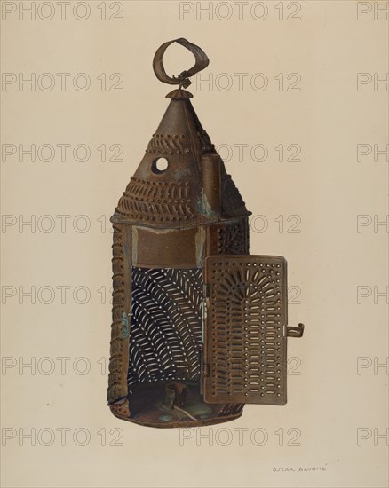 Perforated Tin Lantern, c. 1940. Creator: Oscar Bluhme.