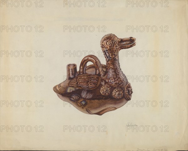 Glazed Pottery Duck Bottle, probably 1938. Creator: Ethel Clarke.