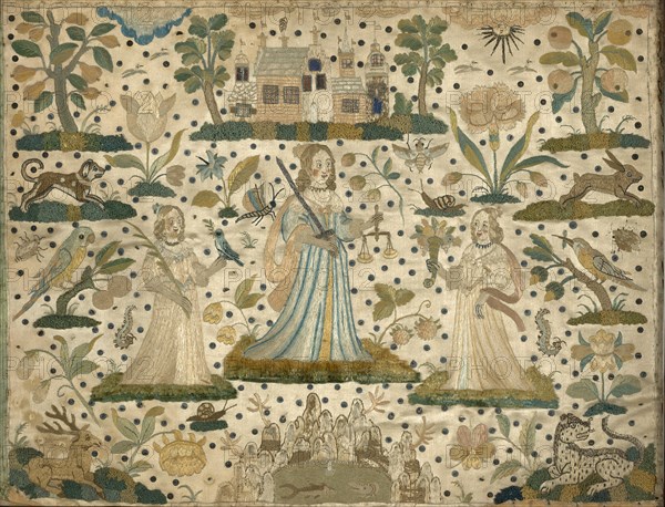 Picture Depicting Peace, Justice, and Plenty (Needlework), England, 17th century. Creator: Unknown.