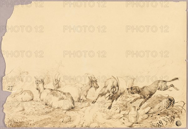 Mountain Goats and Dog, 18th century. Creator: Allwaert of Ghent.