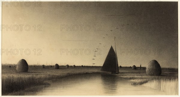 Sailboat and Haystacks on Newbury Marsh, n.d. Creator: Unknown.