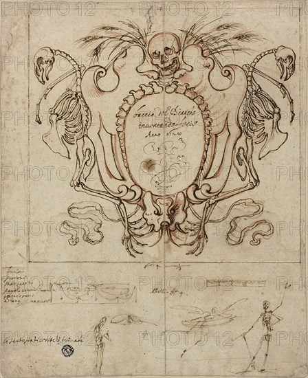 Funereal Cartouche with Inscription and Sketches of Skeletons and Ornamental Details, 1628. Creator: Baccio del Bianco.