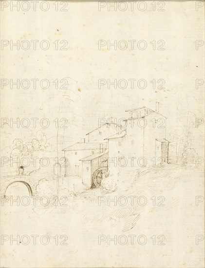 Watermill with Figures on an Arched Bridge, 1508/09. Creator: Fra Bartolomeo.