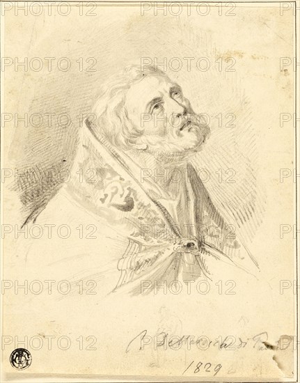 Bust of Bishop Saint, with Slight Figure Sketches, 1829. Creators: Carlo Dellarocca, Paul Delaroche.