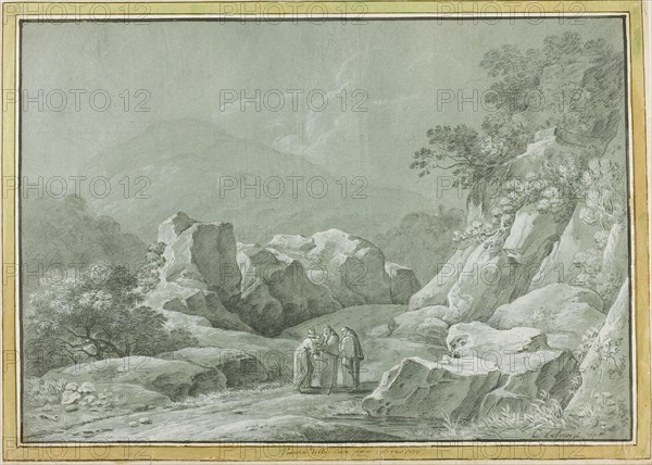 Two Monks giving Water to a Woman and Child in the Wilderness, n.d. Creator: Carlo Labruzzi.