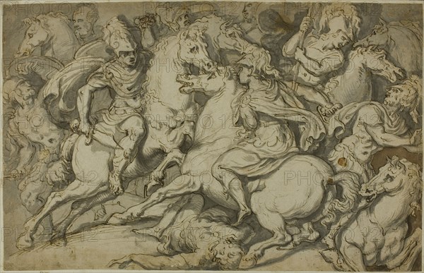 Cavalry Skirmish (recto); Kneeling Ecorché (verso), 1530/39. Creator: Francesco Salviati.