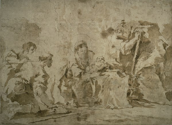 Adoration of the Shepherds (recto); Three Sketches: Buildings by Canal with..., (verso), c.1770. Creator: Francesco Guardi.