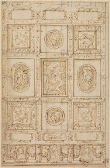 Study for a Ceiling Decoration, with Rebecca and Eliezer at the Well (recto); Study..., 1569/73. Creator: Giorgio Vasari.