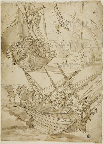 Crew Abandoning Ship (recto) Sketches of Corinthian Columns (verso), c.1600. Creator: Lazzaro Tavarone.