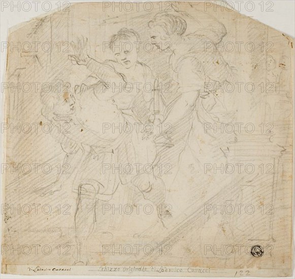 Two Women Chasing a Man, 17th century. Creators: Lodovico Carracci, Domenico Fiasella.