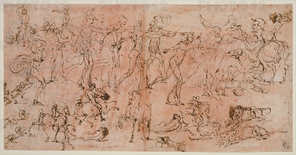 Studies of Warriors, Horsemen, and Lions (recto); Studies of Heads and Nude..., 1528/33. Creator: Perino del Vaga.