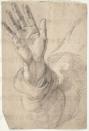 Upraised Right Hand, with Palm Facing Outward: Study for Saint Peter, 1518/20. Creator: Raphael.