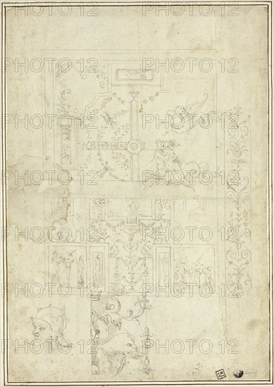 Ceiling Design, with Sketches of Ornamental Border, Helmeted Head (recto); Sketches..., n.d. Creators: School of Giovanni da Udine, called Giovanni dei Ricamatori, School of Perino del Vaga.