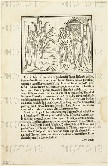 Poliphilus Meeting the Venerable Matron (recto) and Poliphilus in a Rocky Place (verso)...1929. Creators: Unknown, Aldus Manutius, Francesco Colonna, Wilhelm Ludwig Schreiber.