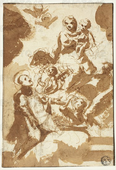 Virgin and Child on Clouds with Kneeling Male Saint (recto); Sketch of Two Female..., n.d. Creator: Unknown.