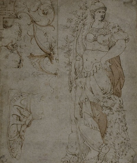 Three Sketches: Fortitude, a Sandal, and Grotesques (recto); Sketches of Grotesques..., 1560/69. Creator: Unknown.