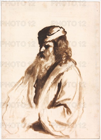 A Bearded Figure Wearing a Turban and Fur Coat, Half Length, Turned to the Right, c.1670. Creator: Gerbrand van den Eeckhout.