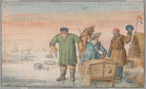 Two Old Men beside a Sled Bearing the Coats of Arms of Amsterdam and Utrecht, 1620/33. Creator: Hendrick Avercamp.