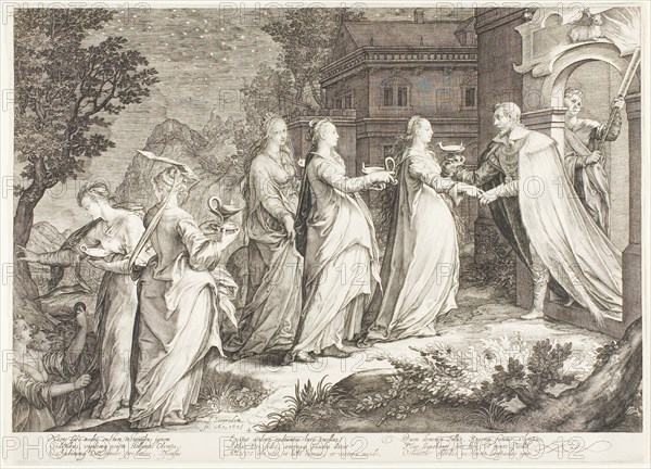 Plate Four, from Five Wise and Five Foolish Virgins, 1606. Creator: Jan Saenredam.