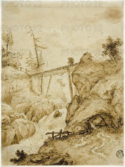 Man Crossing Log Bridge over Torrent, n.d. Creator: Jan van Eyck.