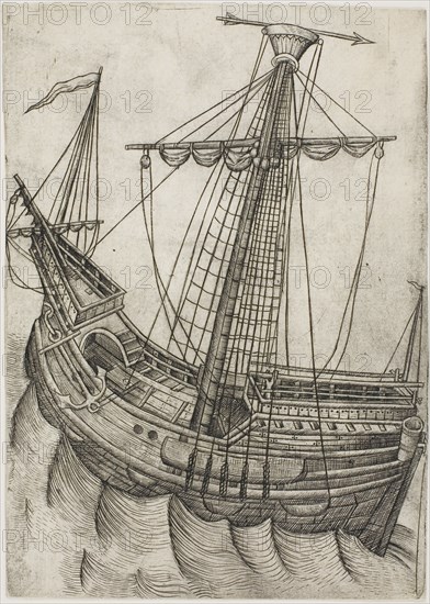Ship with Sails Furled and Arrow Pointing to the Right, 1475/85. Creator: Master W. with the Key.