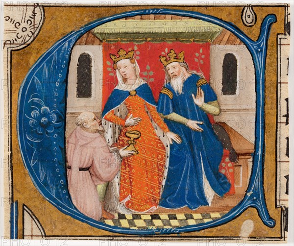 Nehemiah before King Artaxerxes, initial ‘C’ from a Bible, about 1430. Creator: Masters of Zweder van Culemborg.