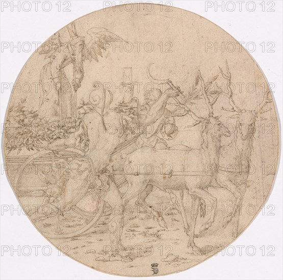 The Triumph of Time (recto); Sketch of a Stag (verso), c.1517. Creators: Unknown, Dirck Vellert.