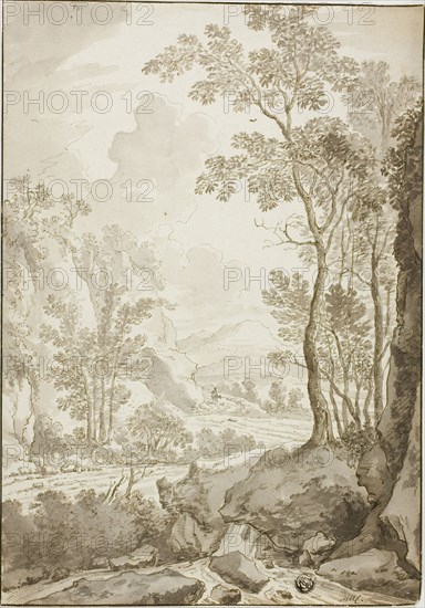 Landscape of Road through Trees and Hills; Figure on Donkey in Distance, 1638/1710. Creators: Unknown, Jan Hackaert.