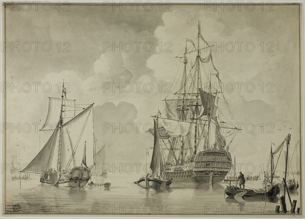 Warships and Other Boats in Harbor, 1780/90. Creator: Unknown.