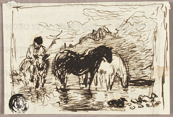 Sketch of Watering Horses, c.1847. Creator: John Burnet.