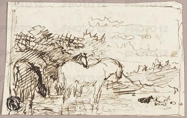 Sketch of Horses Standing in Water, c.1847. Creator: John Burnet.
