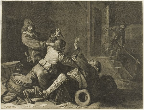 Three Men Struggling in an Interior, n.d. Creator: Jonas Suyderhoef.