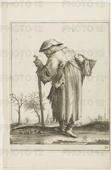 Marching Beggar Woman with a Basket, from T is al verwart-gaern (It's already..., 1634/38. Creator: Pieter Jansz. Quast.