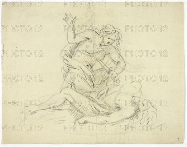 Pyramus and Thisbe (recto); Three Male Figures with Mausoleum Floor Plan (verso)..., 19th... Creator: Thomas Banks.