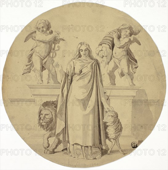 Allegorical Female Figure with Lion, Lamb, Two Putti, n.d. Creator: Frederic Leighton.